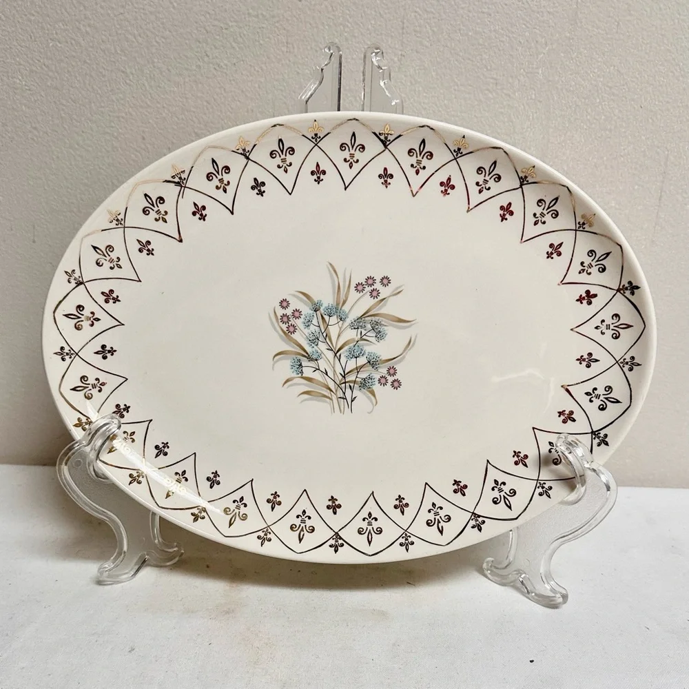 Vintage Floral Thistle Pattern Oval Serving Platter with Gold Fleur des Lis Rim